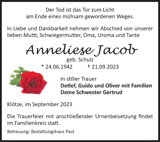 Traueranzeige von Anneliese Jacob von Volksstimme Altmark West