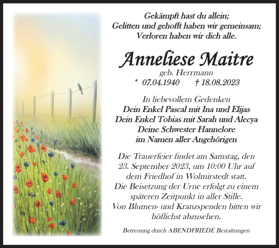 Traueranzeige von Anneliese Maitre von Volksstimme Haldensleben/Wolmirstedt