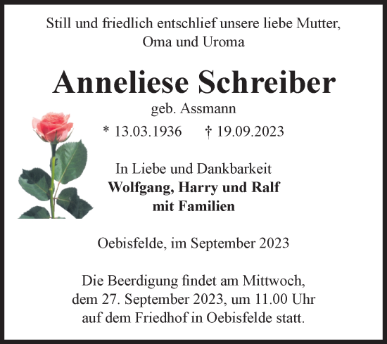 Traueranzeige von Anneliese Schreiber von Volksstimme Altmark West