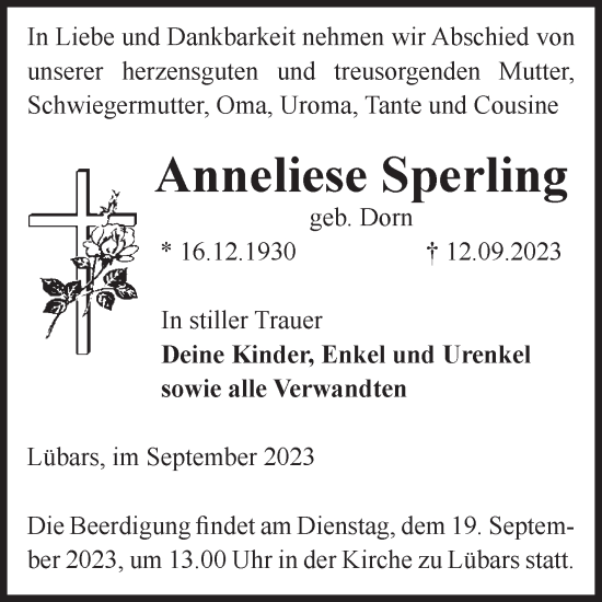 Traueranzeige von Anneliese Sperling von Volksstimme Burg/Genthin