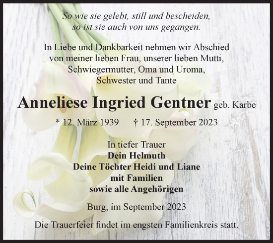Traueranzeige von Anneliese Ingried Gentner von Volksstimme Burg/Genthin