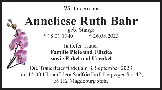 Traueranzeige von Anneliese Ruth Bahr von Volksstimme Magdeburg