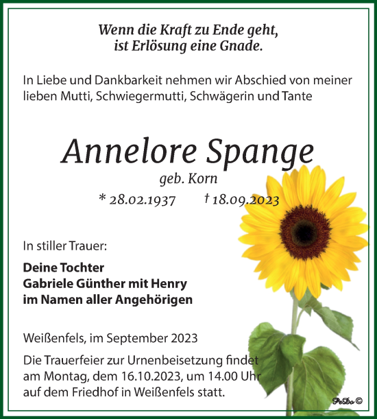 Traueranzeige von Annelore Spange von Trauerkombi Weißenfels