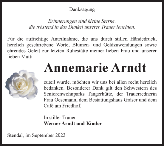 Traueranzeige von Annemarie Arndt von Volksstimme Altmark Ost