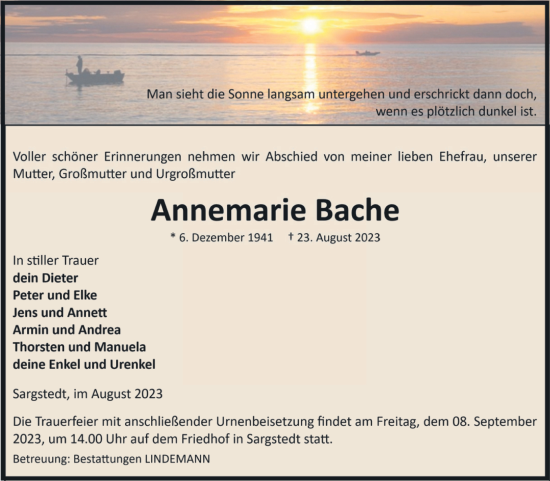 Traueranzeige von Annemarie Bache von Volksstimme Halberstadt
