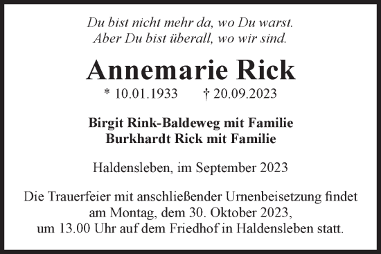 Traueranzeige von Annemarie Rick von Volksstimme Haldensleben/Wolmirstedt