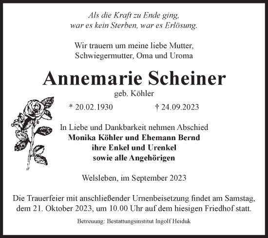 Traueranzeige von Annemarie Scheiner von Volksstimme Schönebeck