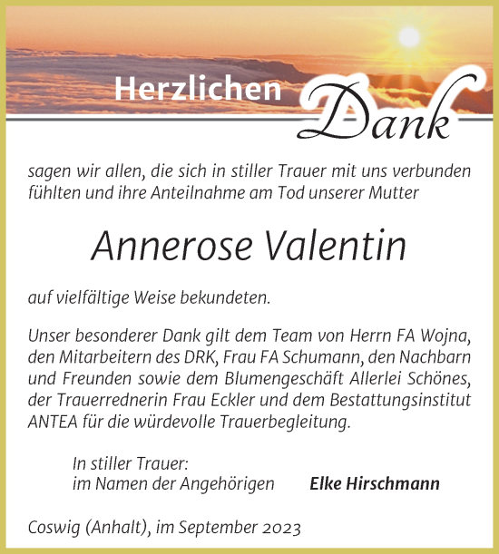 Traueranzeige von Annerose Valentin von Trauerkombi Wittenberg