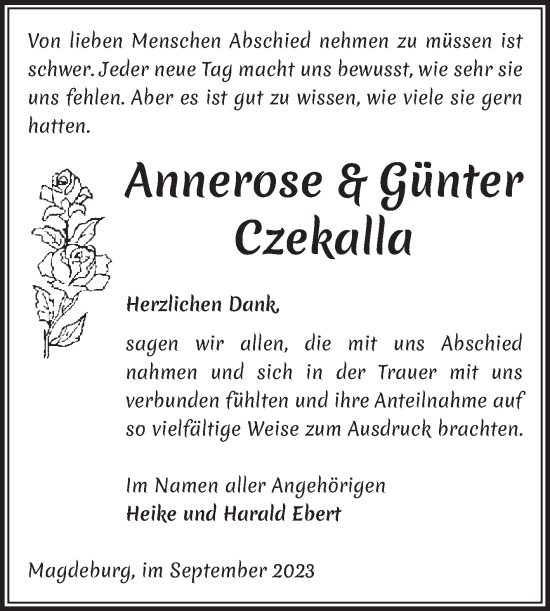 Traueranzeige von Annerose und Günter Czekalla von Volksstimme Magdeburg