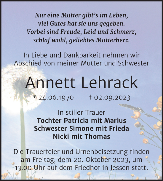 Traueranzeige von Annett Lehrack von Trauerkombi Wittenberg