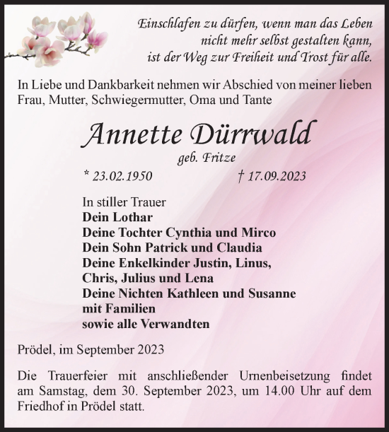 Traueranzeige von Annette Dürrwald von Volksstimme Zerbst