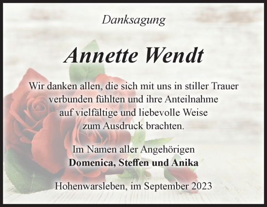 Traueranzeige von Annette Wendt von Volksstimme Haldensleben/Wolmirstedt