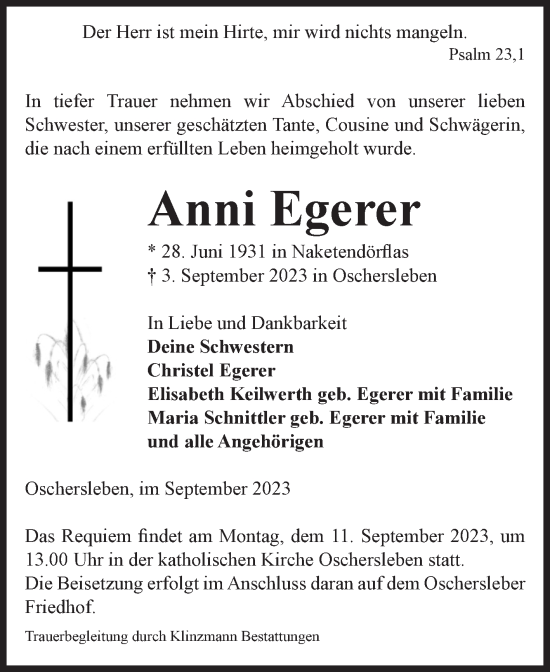 Traueranzeige von Anni Egerer von Volksstimme Oschersleben/Wanzleben
