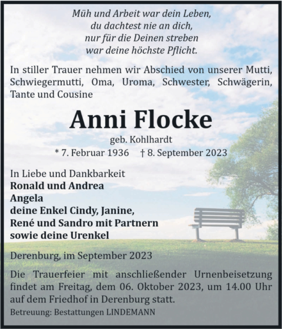 Traueranzeige von Anni Flocke von Volksstimme Wernigerode