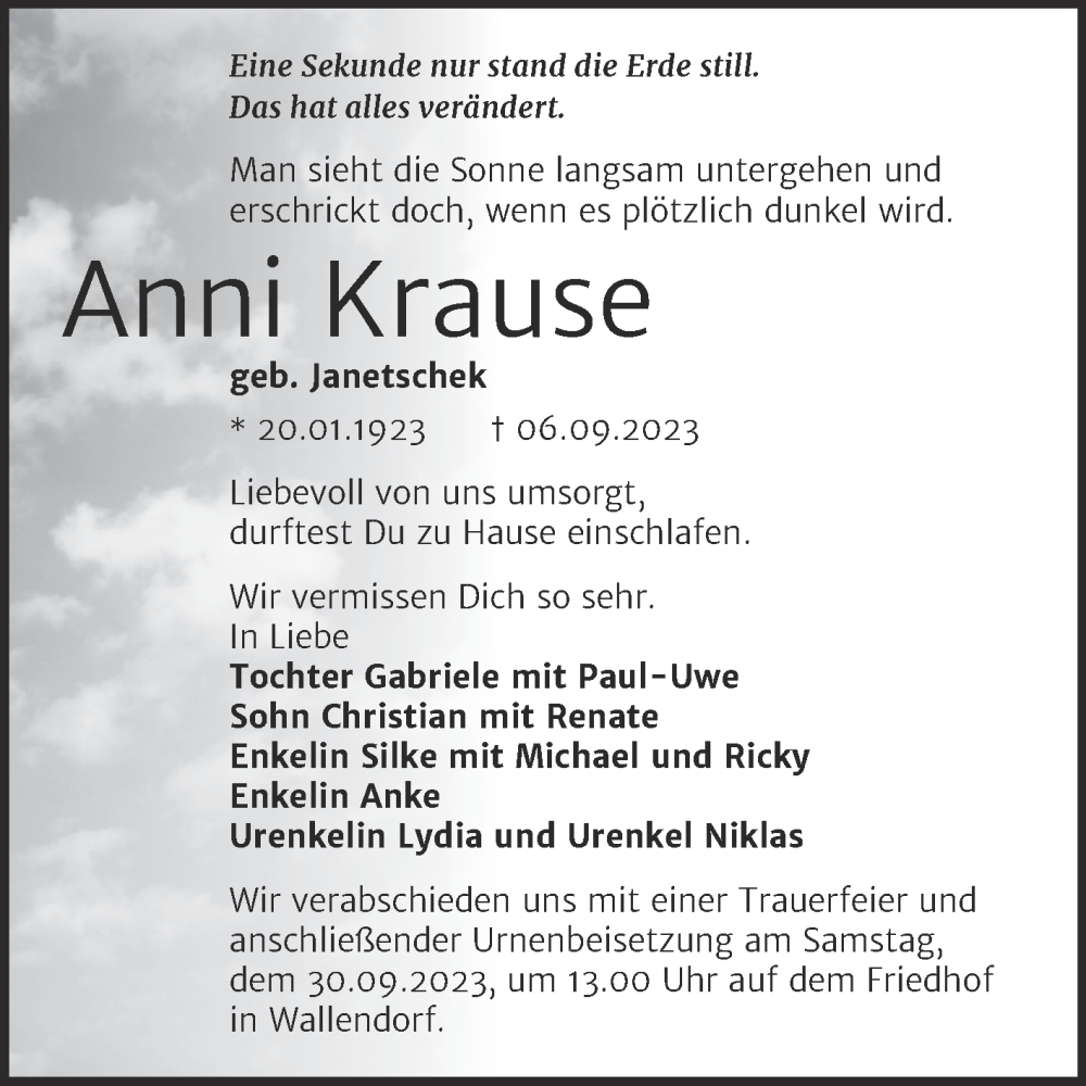  Traueranzeige für Anni Krause vom 18.09.2023 aus Trauerkombi Merseburg