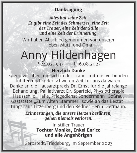 Traueranzeige von Anny Hildenhagen von Trauerkombi Mansfelder Land