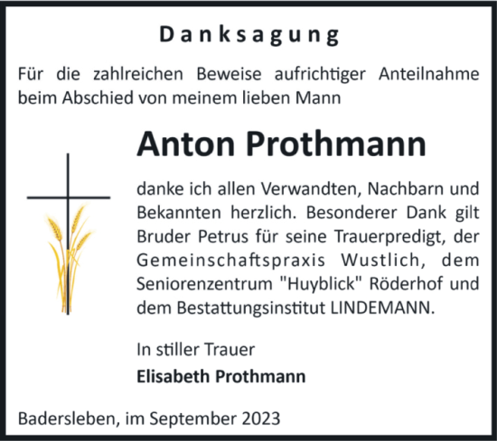 Traueranzeige von Anton Prothmann von Volksstimme Halberstadt