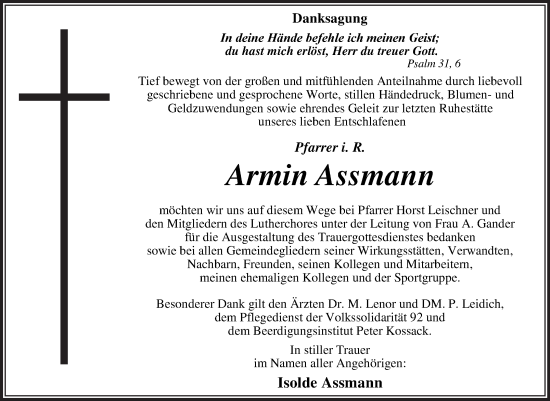 Traueranzeige von Armin Assmann von Trauerkombi Dessau