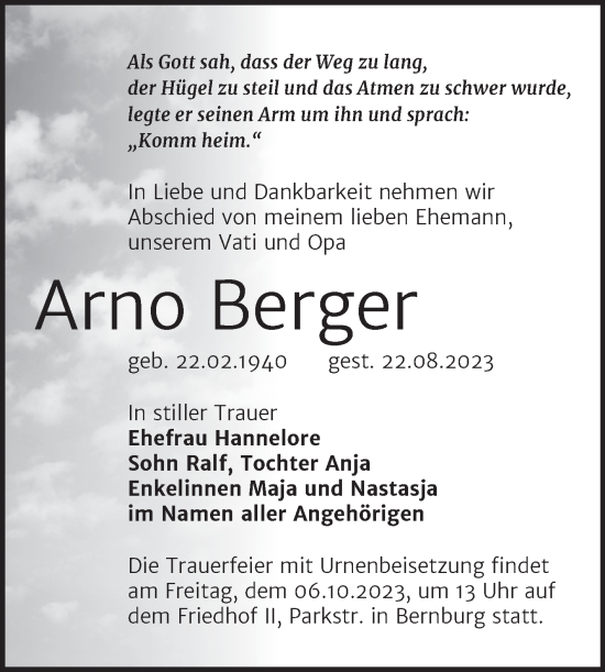 Traueranzeige von Arno Berger von Trauerkombi Bernburg