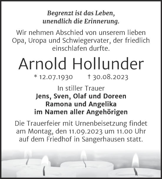 Traueranzeige von Arnold Hollunder von Trauerkombi Sangerhausen