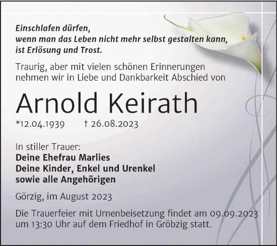 Traueranzeige von Arnold Keirath von Trauerkombi Köthen