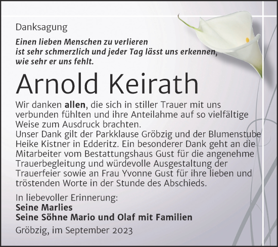 Traueranzeige von Arnold Keirath von Trauerkombi Köthen