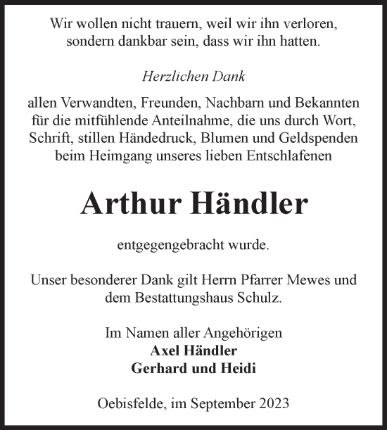 Traueranzeige von Arthur Händler von Volksstimme Altmark West