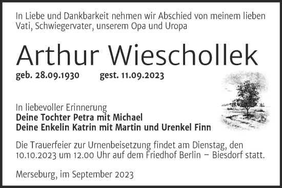 Traueranzeige von Arthur Wieschollek von Trauerkombi Merseburg