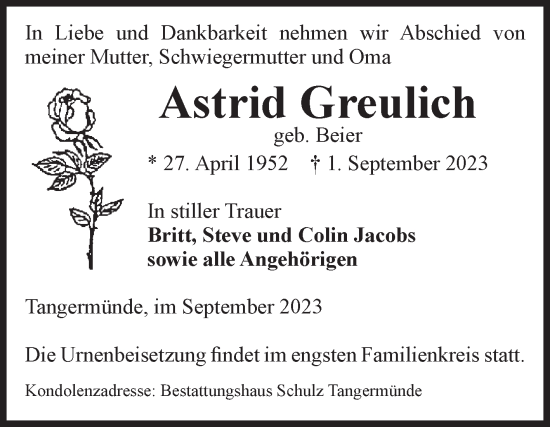Traueranzeige von Astrid Greulich von Volksstimme Altmark Ost