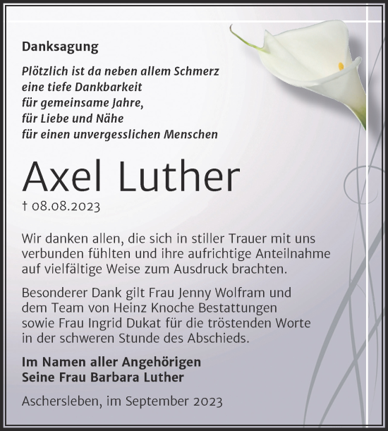 Traueranzeige von Axel Luther von Trauerkombi Aschersleben
