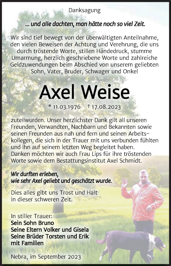Traueranzeige von Axel Weise von Wochenspiegel Naumburg/Nebra