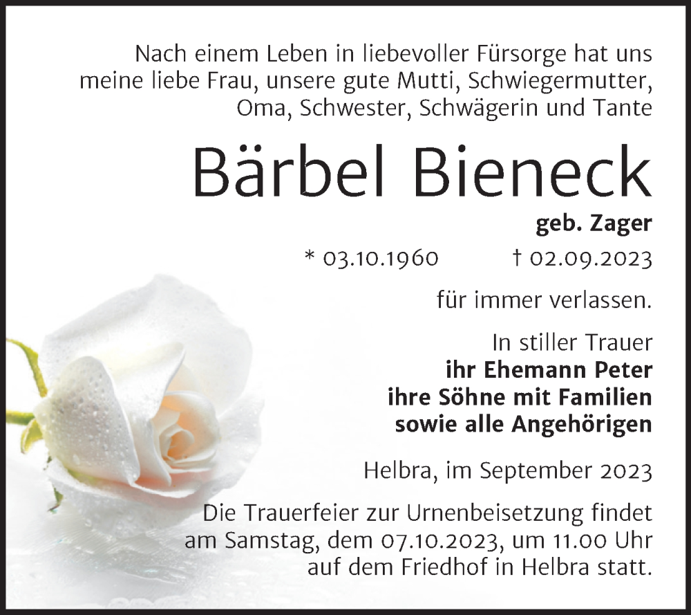  Traueranzeige für Bärbel Bieneck vom 30.09.2023 aus Trauerkombi Mansfelder Land