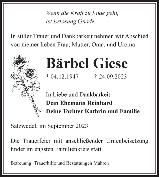 Traueranzeige von Bärbel Giese von Volksstimme Altmark West