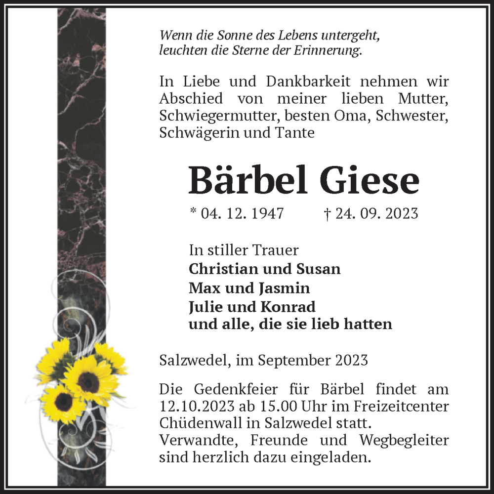  Traueranzeige für Bärbel Giese vom 28.09.2023 aus Volksstimme Altmark West