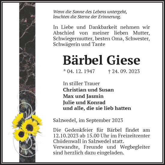 Traueranzeige von Bärbel Giese von Volksstimme Altmark West