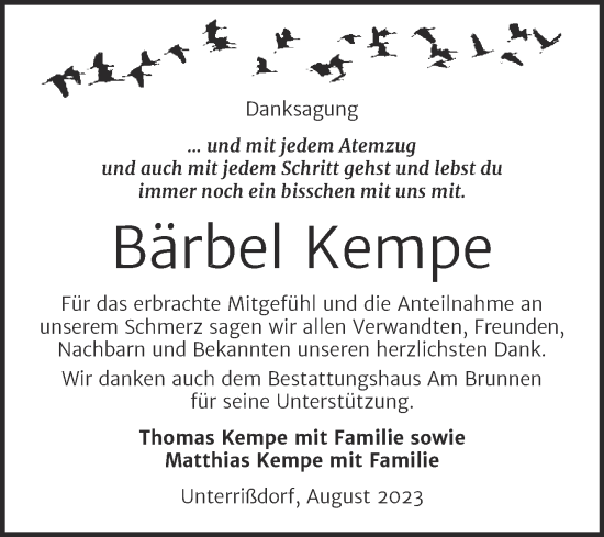 Traueranzeige von Bärbel Kempe von Trauerkombi Mansfelder Land