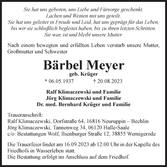 Traueranzeige von Bärbel Meyer von Volksstimme Wernigerode