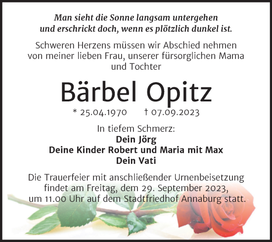 Traueranzeige von Bärbel Opitz von Trauerkombi Wittenberg