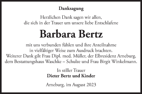Traueranzeige von Barbara Bertz von Volksstimme Altmark Ost