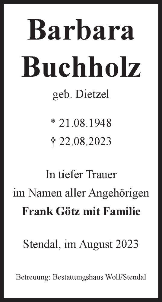 Traueranzeige von Barbara Buchholz von Volksstimme Altmark Ost