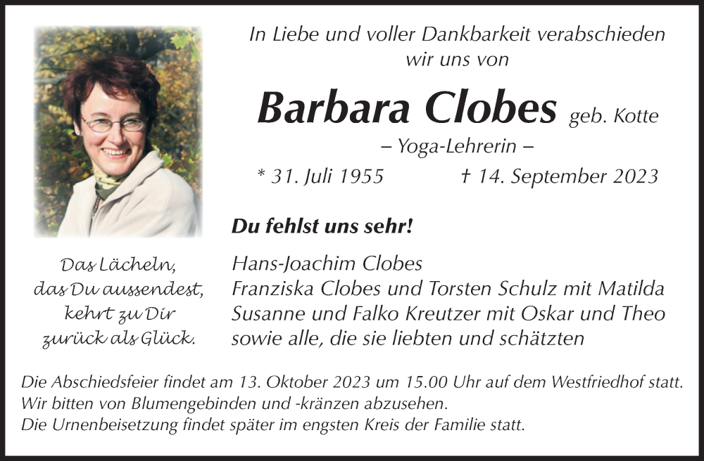  Traueranzeige für Barbara Clobes vom 23.09.2023 aus Volksstimme Magdeburg