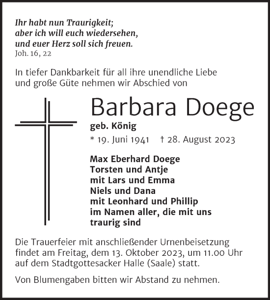 Traueranzeige von Barbara Doege von Mitteldeutsche Zeitung Halle/Saalkreis