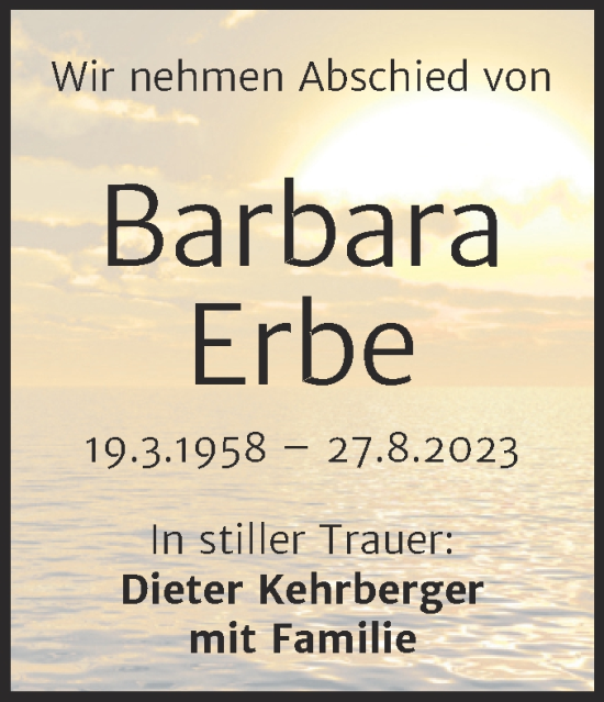 Traueranzeige von Barbara Erbe von Wochenspiegel Naumburg/Nebra