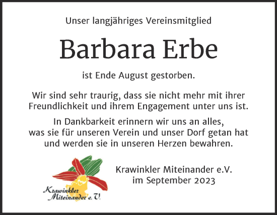 Traueranzeige von Barbara Erbe von Wochenspiegel Naumburg/Nebra