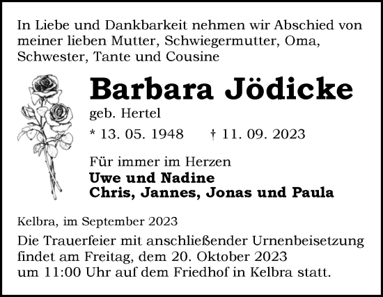 Traueranzeige von Barbara Jödicke von Trauerkombi Sangerhausen