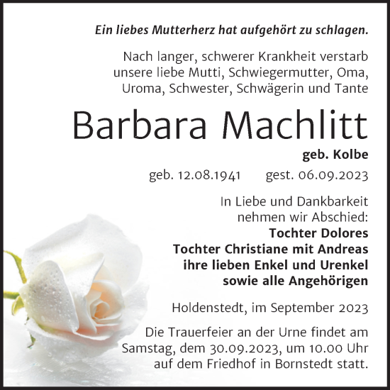 Traueranzeige von Barbara Machlitt von Trauerkombi Mansfelder Land