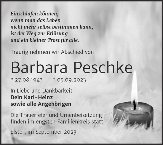 Traueranzeige von Barbara Peschke von Trauerkombi Wittenberg