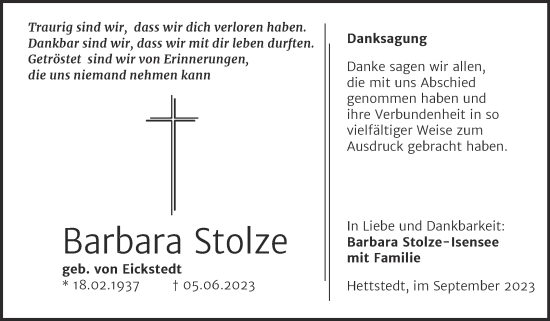 Traueranzeige von Barbara Stolze von Trauerkombi Mansfelder Land