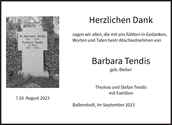Traueranzeige von Barbara Tendis von Trauerkombi Quedlinburg