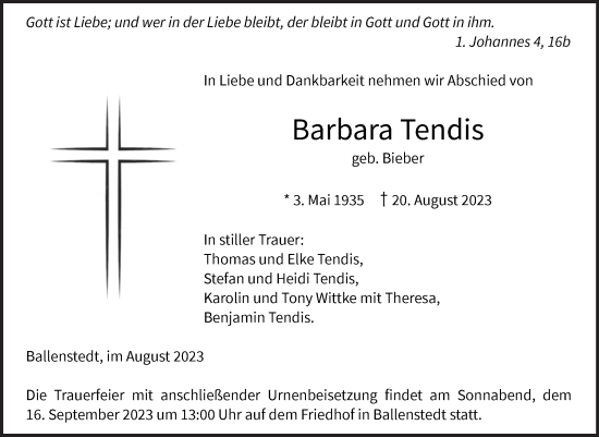 Traueranzeige von Barbara Tendis von Trauerkombi Quedlinburg